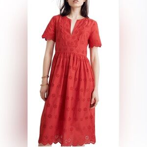 Madewell Scalloped Eyelet Midi Dress 4 Prairie Floral Enamel Red Lace V Neck